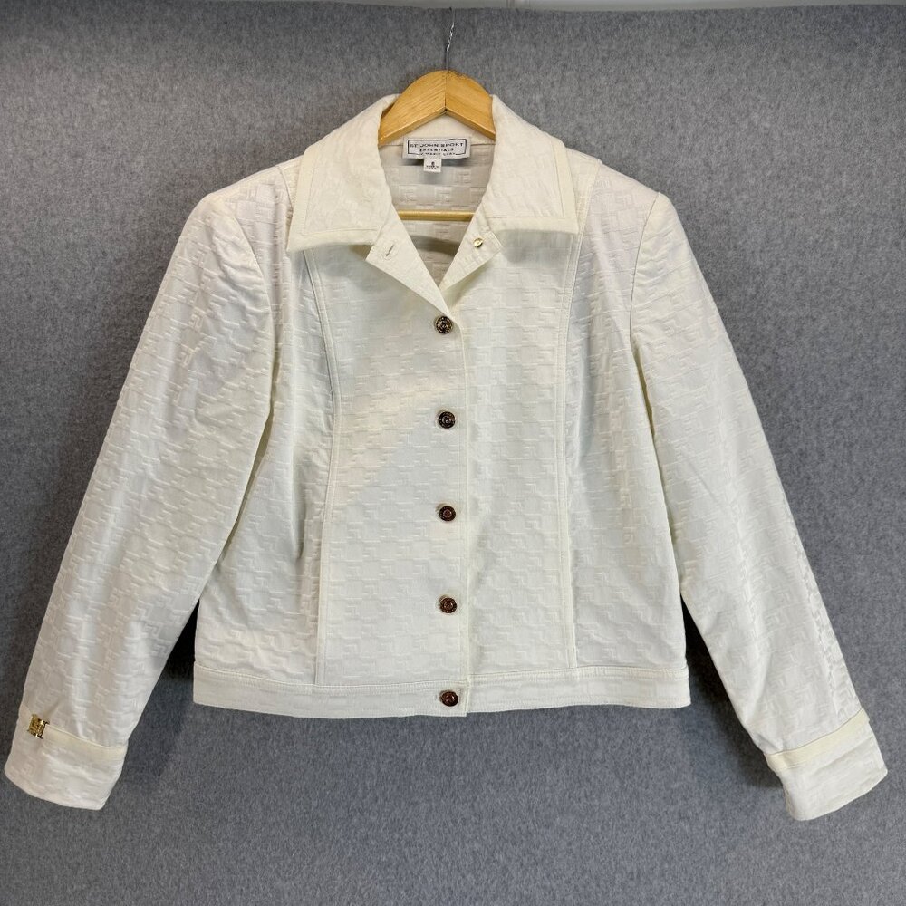 St. John Womens Button Front White Collared Jacket SJ Monogram Print Size Small